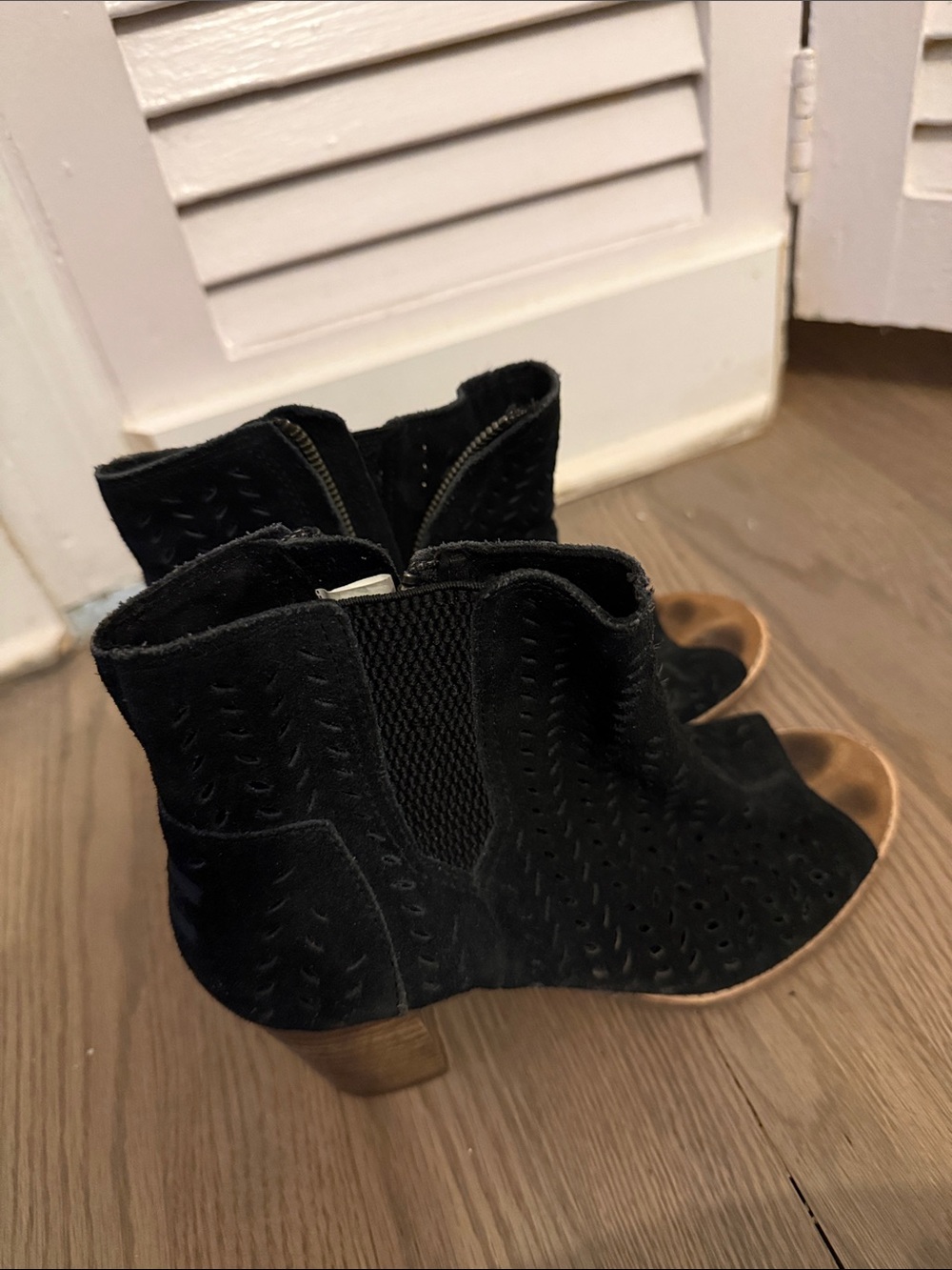 Women's Black Suede Peep-Toe Ankle Booties